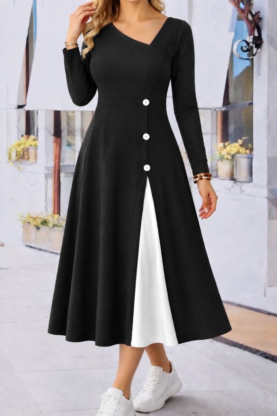Women's Long Sleeve Asymmetrical Collar Buttoned Flared Midi Viscose Dress, 38992
