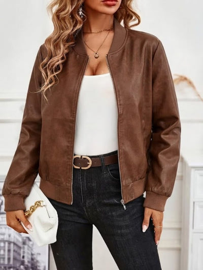 Women's Long-Sleeved Front-Zip Short Fleece Leather Jacket, 39020