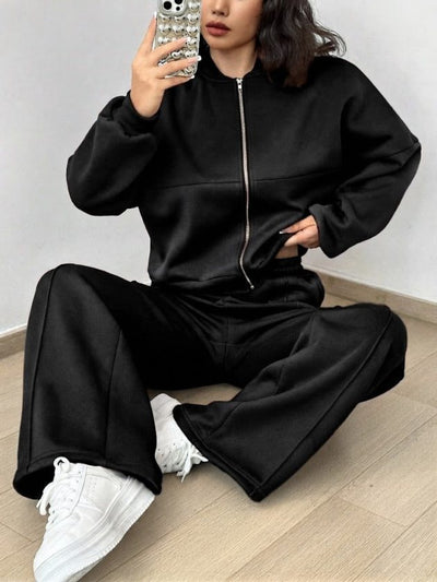 Set de două piese pentru femei, bluză și pantaloni din modal, cu mânecă lungă și fermoar frontal, 39030