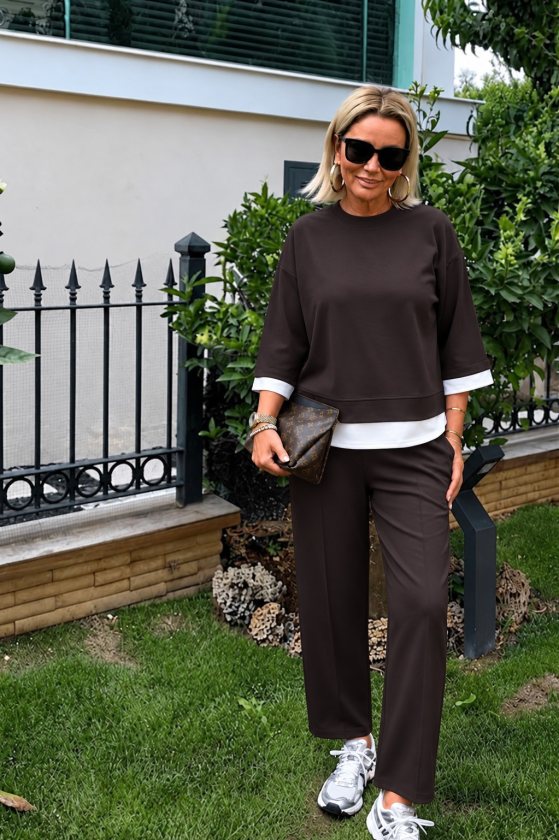 Women's Truvakar Sleeve Crew Neck Two-Tone Viscose Two-Thread Blouse and Pants Two-Piece Set, 39036