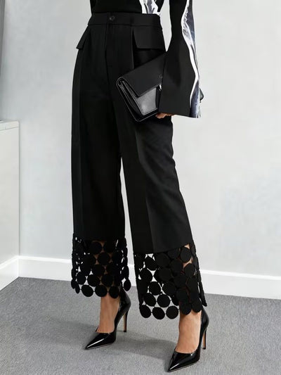 Women's High-Waisted Imported Crepe Trousers with Pockets and Laser-Cut Details, 39042