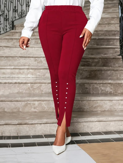 Women's High-Waisted, Slit Hem and Pearl Detail Imported Crepe Trousers, 39047