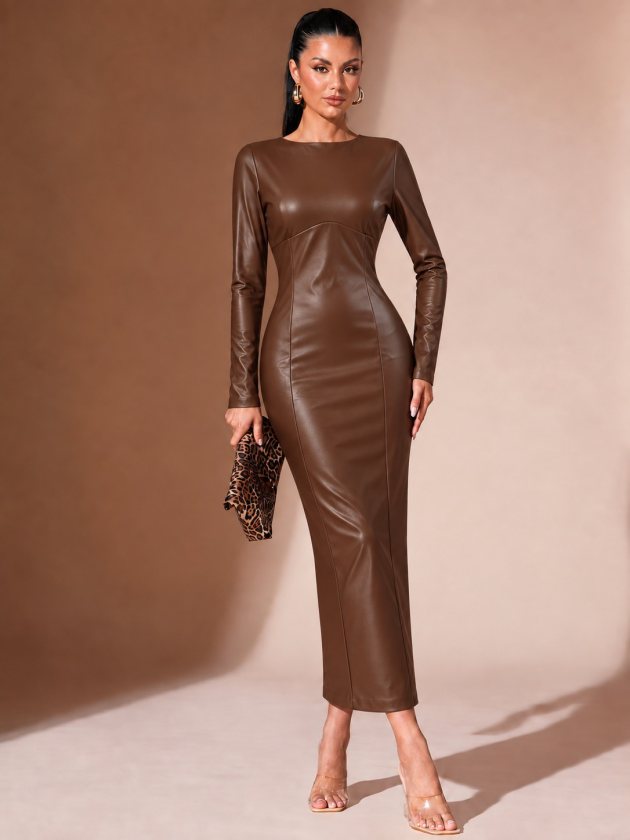 Kadın Uzun Kollu Kayık Yakalı Uzun Dar Kesim Deri Elbise, 39061