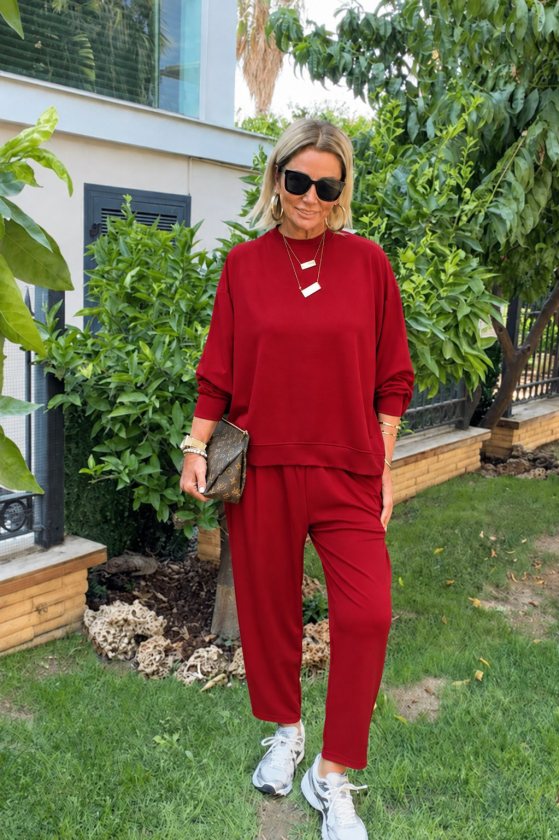 Set de două piese pentru femei, din viscoză, cu două fire, bluză și pantaloni, cu mânecă lungă și guler rotund, 39065