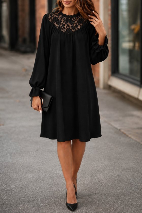 Rochie midi din crep strălucitor, cu mânecă lungă și guler din dantelă, pentru femei, 39082