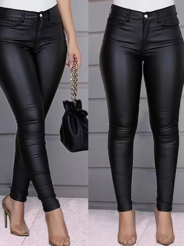 Women's Slim Fit Leather Trousers with Pocket Details, 39126