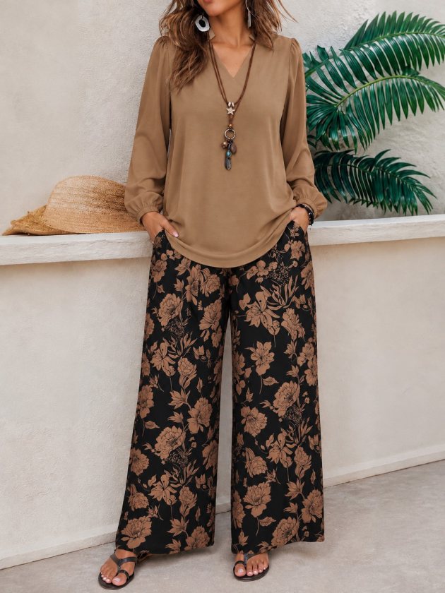 Bluză din viscoză cu mânecă lungă și decolteu în V pentru femei și pantaloni lungi Supreme cu imprimeu floral, 39153
