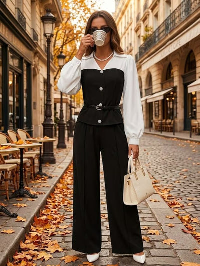 Set de două piese pentru femei, cu mânecă lungă, guler, nasturi în față, cămașă fără curea, bluză și pantaloni, 39188