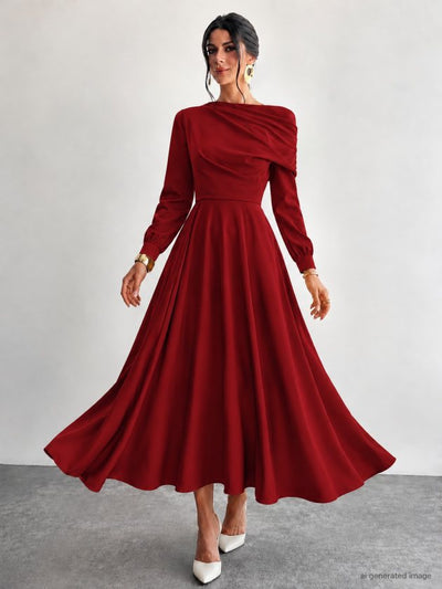 Rochie midi cu mânecă lungă din crep și detalii plisate pe umeri pentru femei, 39221