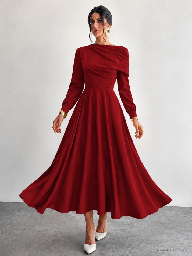 Rochie midi cu mânecă lungă din crep și detalii plisate pe umeri pentru femei, 39221