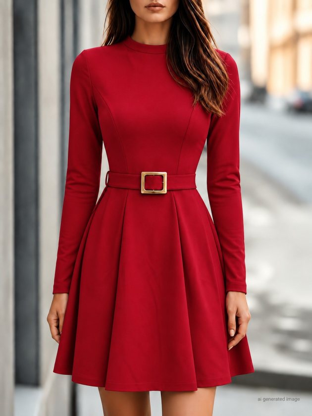 Rochie scurtă din modal cu mânecă lungă, guler înalt, cu detaliu cu cataramă în talie, 39227