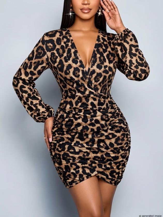 Kadın Uzun Kollu Kruvaze Yakalı önden çapraz Büzgü Detaylı Desenli Dalgıç Elbise, 39228
