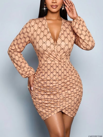 Rochie de damă din bumbac cu mânecă lungă, guler înfășurat, model scuba, cu detaliu încrucișat în față, 39229