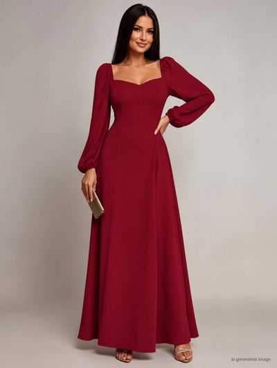 Women's Long Sleeve Sweetheart Neckline Slit Long Imported Crepe Dress, 39232