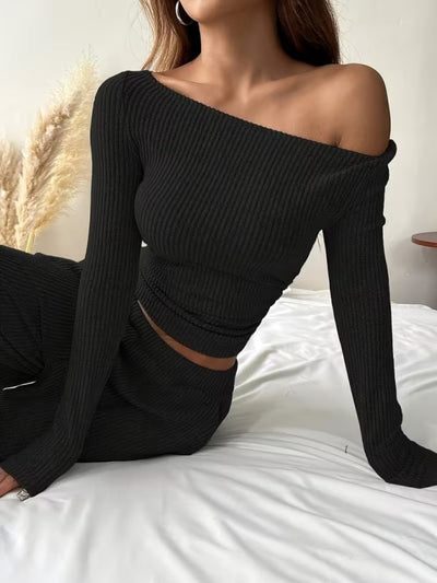 Set de două piese pentru femei, bluză și pantaloni cu guler înalt, mânecă lungă, talie încrețită, material scurt, corset periat, 39250