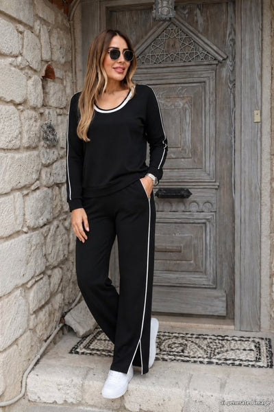Kadın Uzun Kollu Yuvarlak Yakalı şerit Detaylı Viskon Iki Iplik Bluz Ve Yırtmaçlı Pantolon  Ikili Takım, 39252