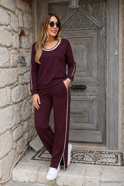 Kadın Uzun Kollu Yuvarlak Yakalı şerit Detaylı Viskon Iki Iplik Bluz Ve Yırtmaçlı Pantolon  Ikili Takım, 39253