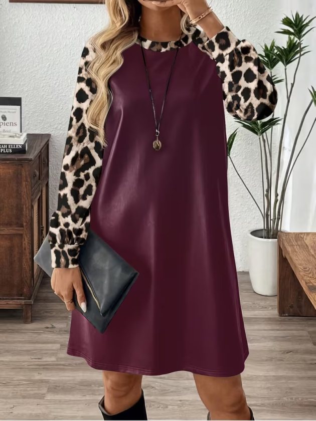 Kadın Uzun Kollu Bisiklet Yakalı Leopar Desenli Deri Kısa Elbise, 39299