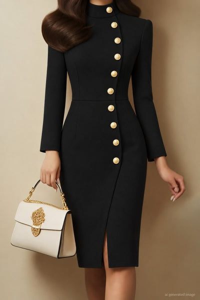Women's Long Sleeve Turtleneck Buttoned Midi Imported Crepe Dress, 39311