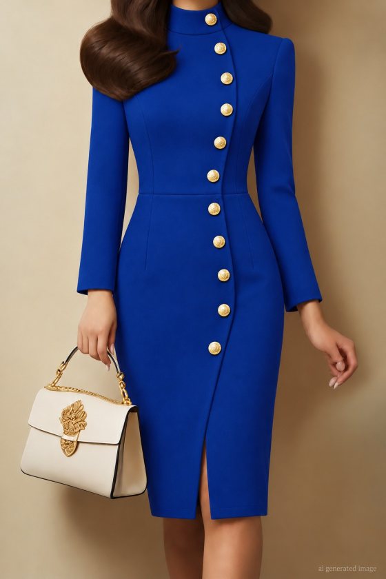 Rochie midi din crep importat, cu guler înalt și nasturi, pentru femei, 39313