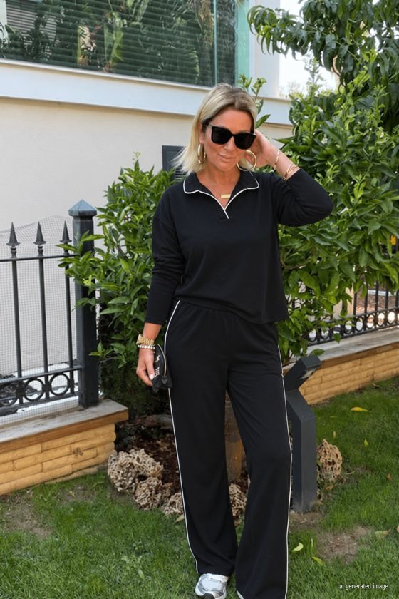 Set de bluză și pantaloni cu guler și mânecă lungă pentru femei, cu detalii cu dungi subțiri, 39331