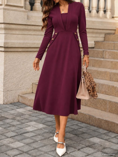 Rochie midi din crep importat, cu mânecă lungă, decolteu în V și nasturi, pentru femei, 39339