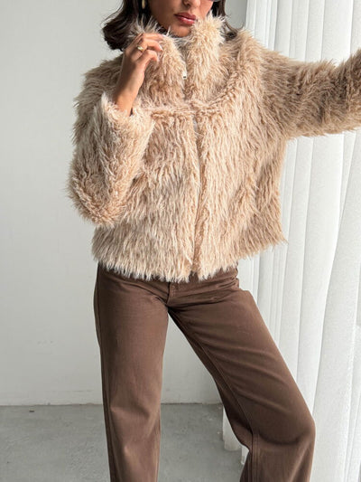 Topshow Faux Fur Women's Jacket - Zippered, Soft Textured Modern Winter Coat - Stone | F2037