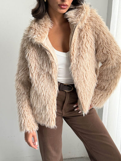 Topshow Faux Fur Women's Jacket - Zippered, Soft Textured Modern Winter Coat - Stone | F2037