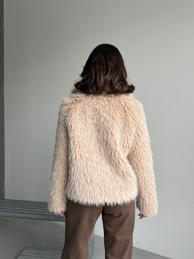Topshow Faux Fur Women's Jacket - Zippered, Soft Textured Modern Winter Coat - Stone | F2037