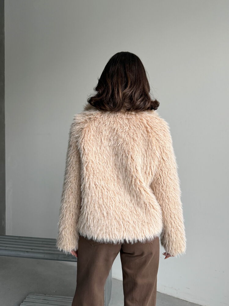 Topshow Faux Fur Women's Jacket - Zippered, Soft Textured Modern Winter Coat - Stone | F2037
