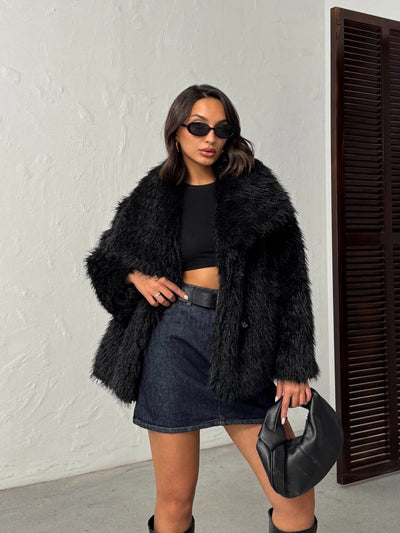 Topshow Faux Fur Women's Wholesale Coat – Puffy Soft Textured Winter Chic Outerwear - Black | F2040