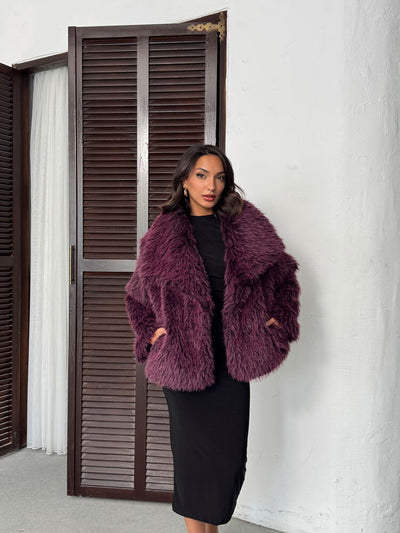 Topshow Faux Fur Women's Wholesale Coat – Fluffy Soft Textured Stylish Winter Outerwear - Plum | F2040