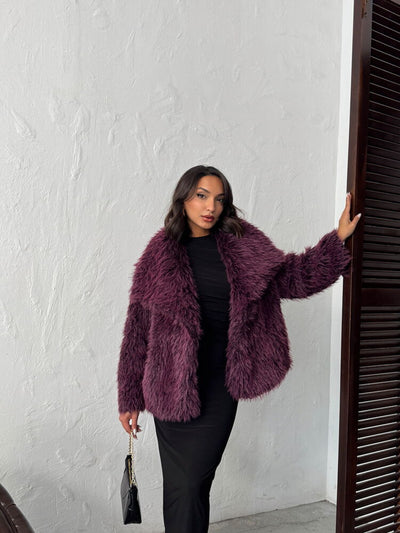 Topshow Faux Fur Women's Wholesale Coat – Fluffy Soft Textured Stylish Winter Outerwear - Plum | F2040