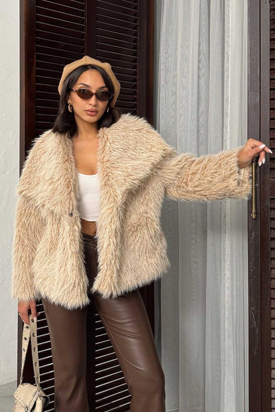 Topshow Faux Fur Women's Wholesale Coat – Fluffy Soft Textured Winter Stylish Outerwear - Stone | F2040