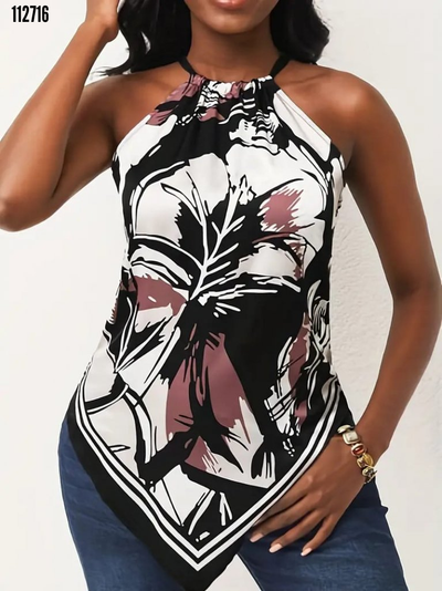 Bluz de damă tip top halter cu imprimeu floral, tăiat triunghiular, 38224