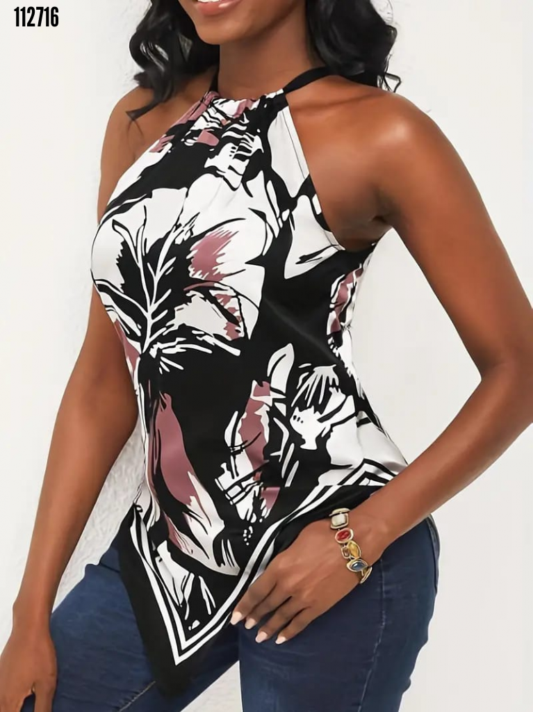 Bluz de damă tip top halter cu imprimeu floral, tăiat triunghiular, 38224