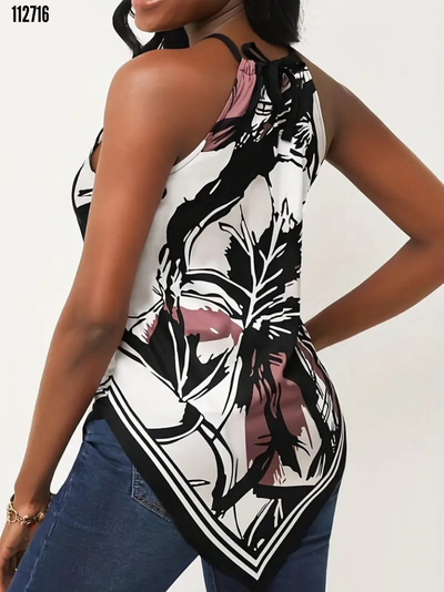 Bluz de damă tip top halter cu imprimeu floral, tăiat triunghiular, 38224