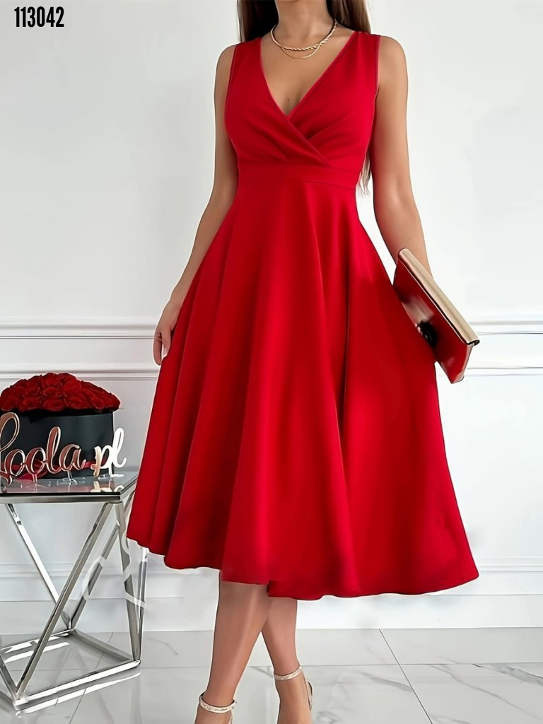 Rochie mini fără mâneci, cu guler încrucișat și fustă cloș, din crep importat pentru femei, 38228