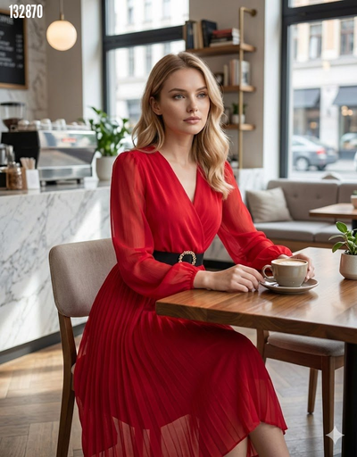 Rochie midi, croială clos, de damă, din șifon, cu guler în V petrecut și căptușeală, 38253