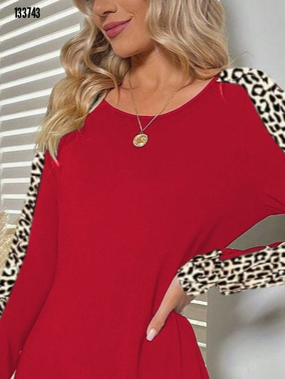 Rochie Mini Dama, Din Doua Fire, Cu Maneci Lungi, Guler La Baza Gatului, Detaliu Leopard Pe Maneci, 38256