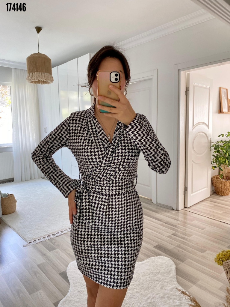 Rochie mini pentru femei, cu mânecă lungă, decolteu petrecut și curea, model 38313