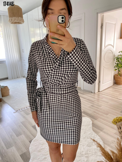 Kadın Uzun Kollu Kruvaze Yaka Bağlamalı Kemer Dalgıç Mini Boy Elbise, 38313