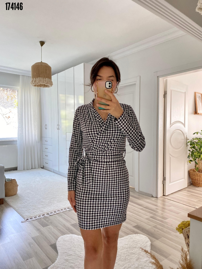 Rochie mini pentru femei, cu mânecă lungă, decolteu petrecut și curea, model 38313