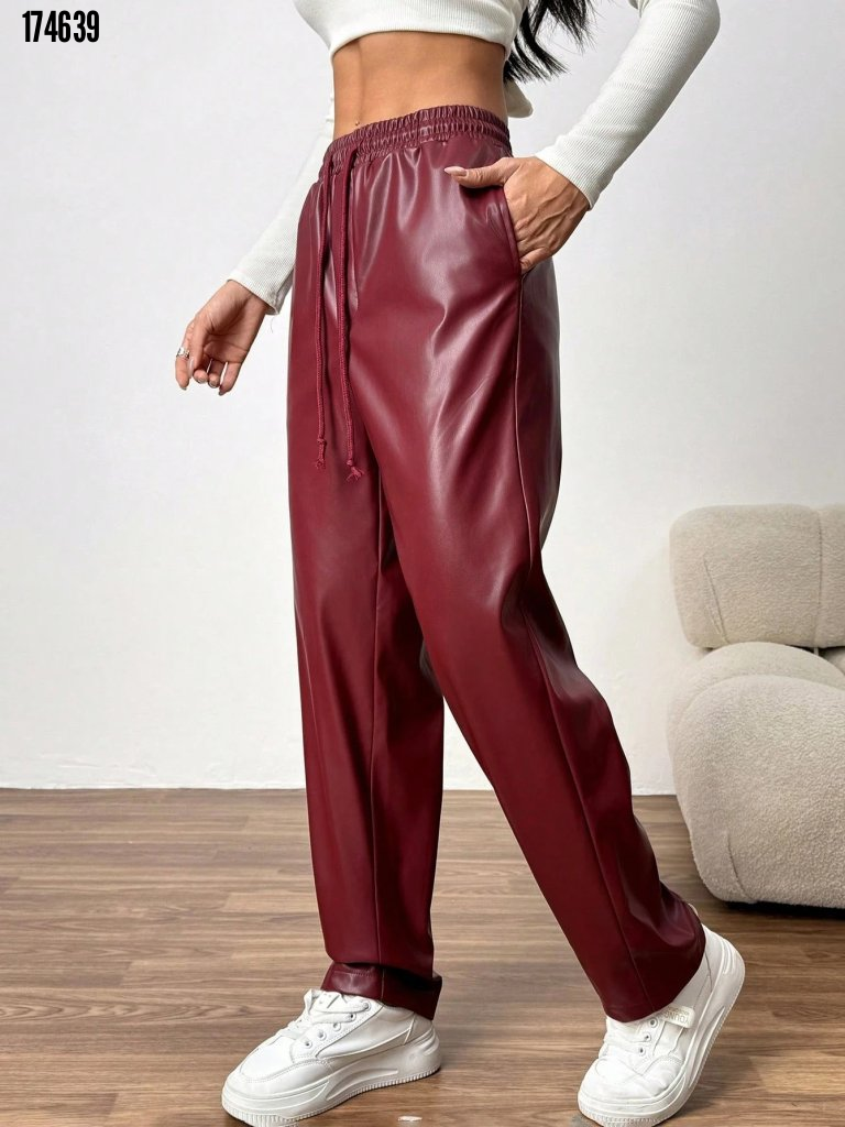 Pantaloni de damă din piele cu talie înaltă și șiret, 38317