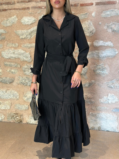Kadın Uzun Kollu Eteği Fırfırlı Beli Kuşaklı Trikoton Tam Boy Gömlek Elbise, 38663