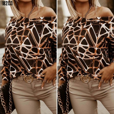 Bluz Dama, Maneca Lunga, Decolteu in V, Umeri Lăsați, cu Imprimeu Geometric, Tip Scafandru, Necăptușit, 38329