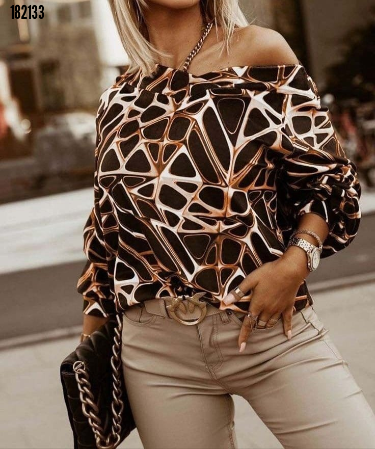 Bluz Dama, Maneca Lunga, Decolteu in V, Umeri Lăsați, cu Imprimeu Geometric, Tip Scafandru, Necăptușit, 38329