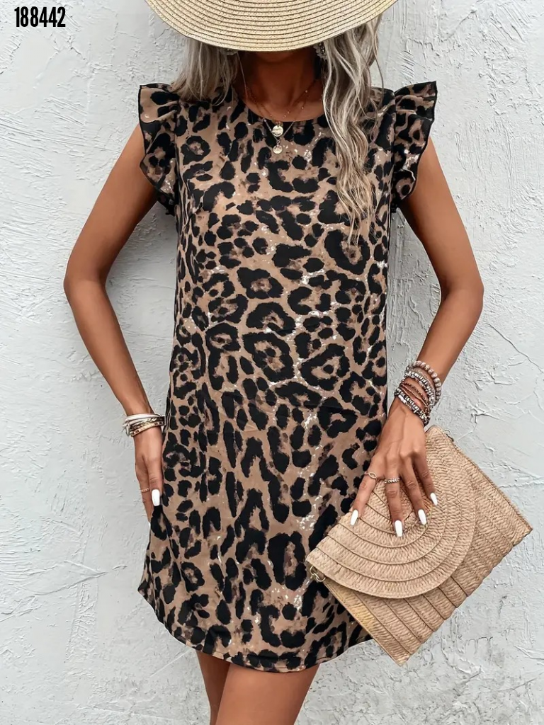 Rochie Damă Leopard cu Mânecă Scurtă, Volane și Șiret la Spate, 38347