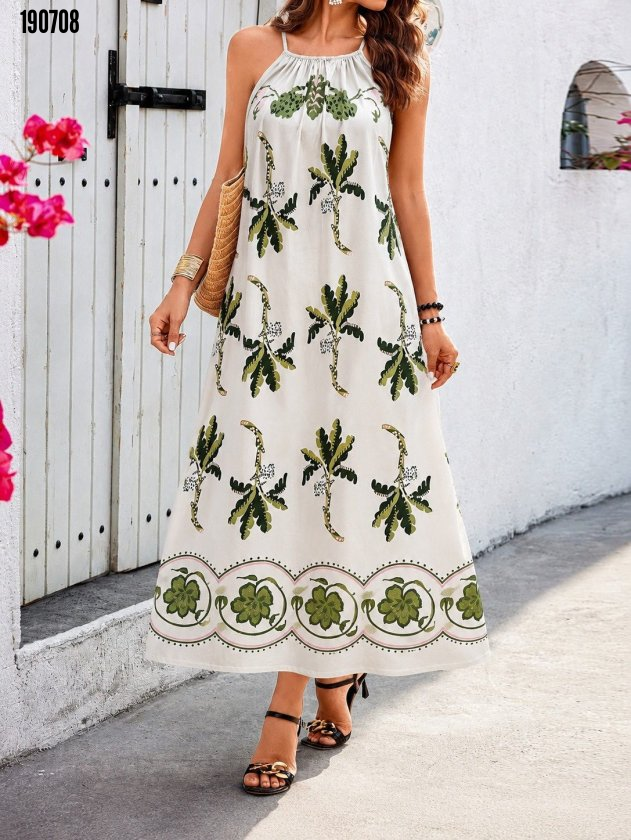 Rochie lungă cu bretele, croială dreaptă, guler la baza gâtului, cu imprimeu floral, din jerseu elastic, pentru femei, 38356