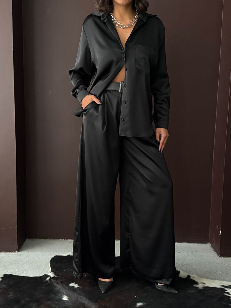 Pantaloni din satin cu talie înaltă și croială largă – Design elegant și confortabil - Negru | F2052